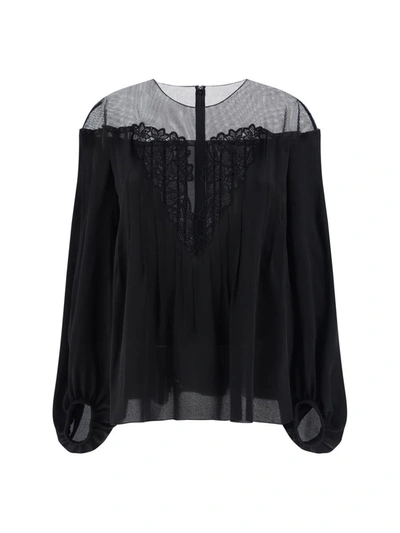 Chloé Illusion Silk Top With Lace Detail In Black