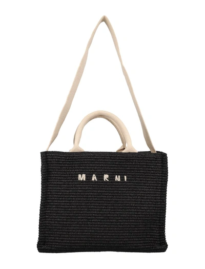 Marni Rafia Effect Small Logo Tote Bag In Black