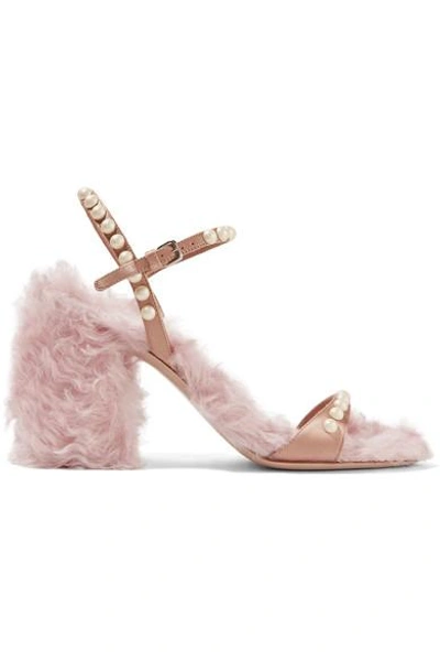 Miu Miu Faux Pearl-embellished Silk And Faux Shearling Sandals In Pink