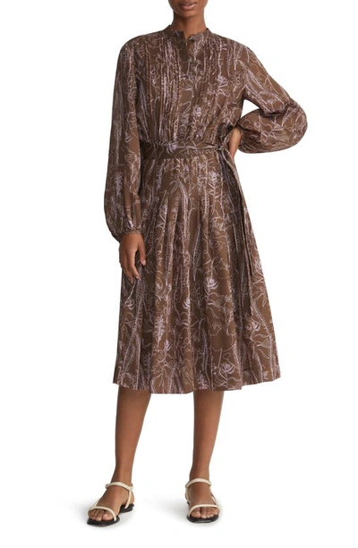 LAFAYETTE 148 FLORAL PRINT PLEATED LONG SLEEVE GEMMA CLOTH VOILE MIDI DRESS