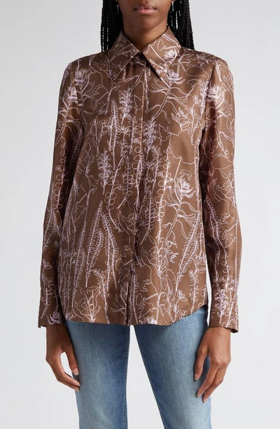 Lafayette 148 Floral-print Button-down Silk Blouse In Deep Acorn Multi