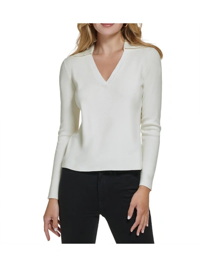 Calvin Klein Womens Sequined Collared V-neck Sweater In White