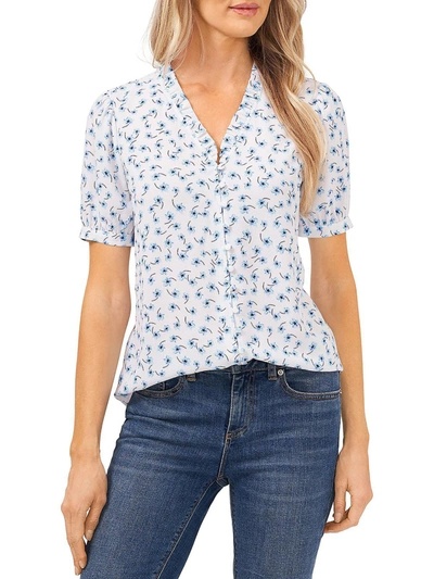 Cece Womens Floral Puff Sleeve Button-down Top In White
