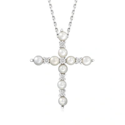 Ross-simons 3mm Cultured Pearl Cross Pendant Necklace With Diamond Accents In Sterling Silver In Multi