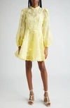 ZIMMERMANN MATCHMAKER FLORAL APPLIQUÉ LONG SLEEVE LINEN & SILK ORGANZA MINIDRESS