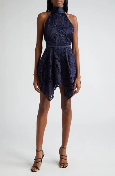 Ramy Brook Leyla Halter Mini Dress In Navy Sateen Floral Cut Out