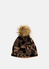 Pearly Gates Beige Check Logo Pattern Cable Knit Beanie With Brahma Pattern In Beige