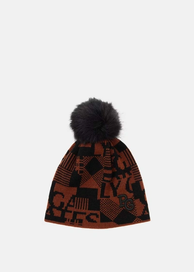 Pearly Gates Red Check Logo Pattern Cable Knit Beanie With Brahma Pattern In Brown