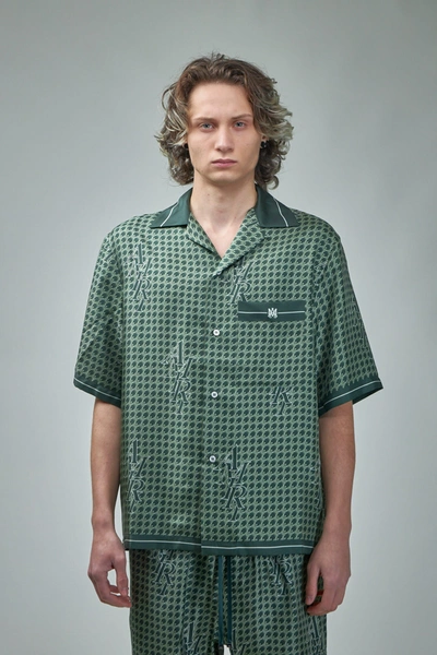 Ferragamo Houndstooth Logo-print Silk-satin Shirt In Green