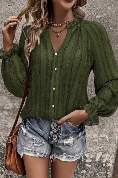 Unishe Valeria Striped Button Down Blouse In Army Green