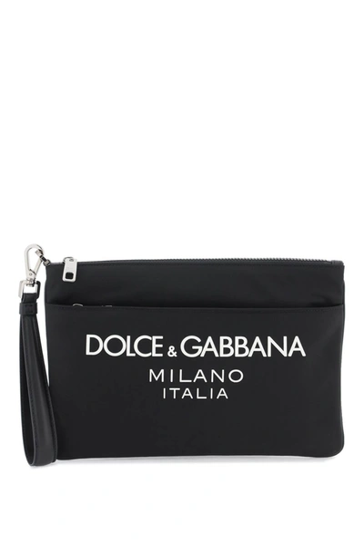 Dolce & Gabbana Nylon Pouch With Rubberized Logo Men In Black