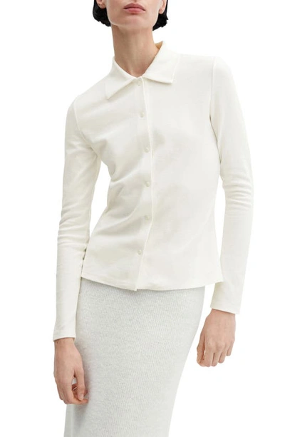 Mango Knit Cotton Blend Button-up Shirt In Off White