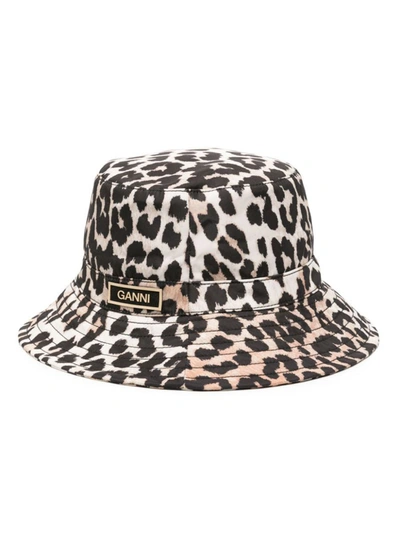 Ganni Leopard Print Bucket Hat In Black