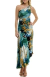 Socialite Print Asymmetric Hem Pleated Maxi Dress In Multi