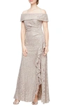 ALEX EVENINGS SEQUIN OFF THE SHOULDER LACE GOWN