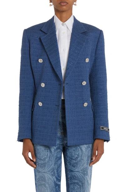 Versace Informal Double-breasted Tweed Jacket In Blue