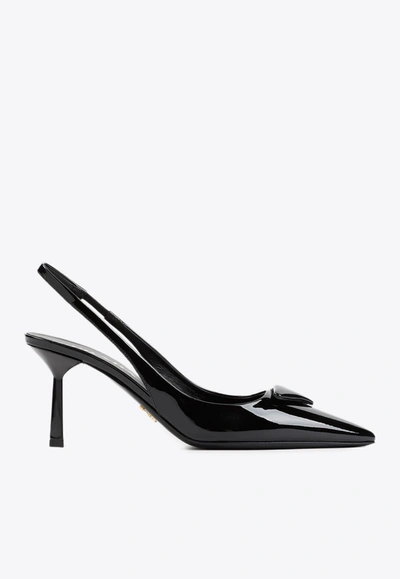 Prada 70 Logo-plaque Patent Calf Leather Pumps In Black