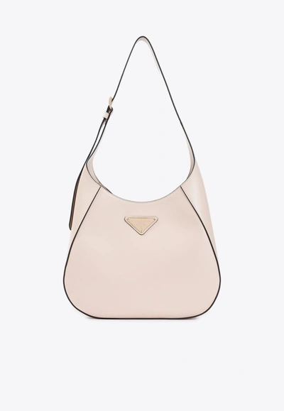 Prada Calf Leather Hobo Bag In Neutral