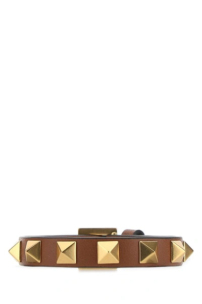 Valentino Garavani Man Caramel Leather Rockstud Bracelet In Brown