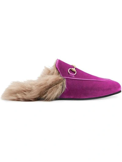 Gucci Pink Princetown Velvet Fur Lined Mules In Fucsia
