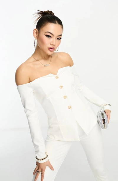 Asos Design Bardot Blazer Top In Cream - Part Of A Set-white
