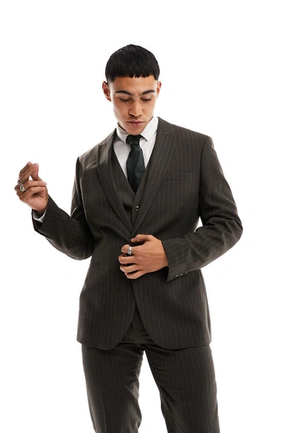 Asos Design Slim Suit Jacket In Brown Pinstripe