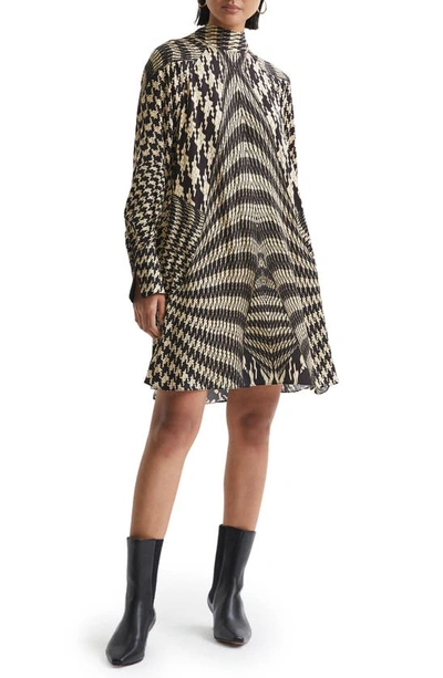 Reiss Ester Mixed Houndstooth Plaid Long Sleeve Swing Dress In Black/white