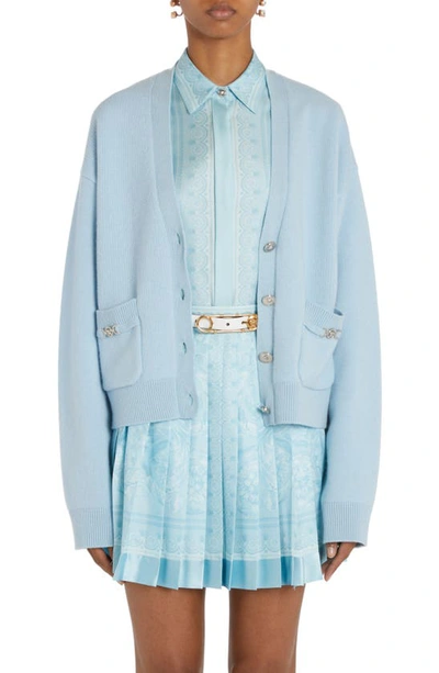 Versace Embellished Cashmere Knit Cardigan In Light Blue