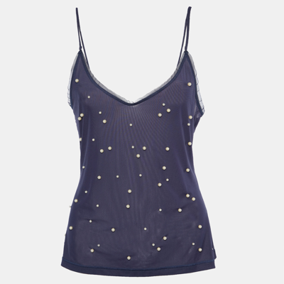 Pre-owned Chanel Navy Blue Pearl Embellished Jersey Camisole Top M