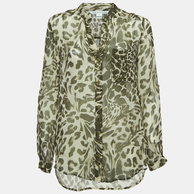 Pre-owned Diane Von Furstenberg Green Print Silk Button Front Relaxed Fit Blouse M