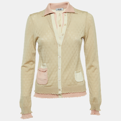 Pre-owned Moschino Cheap And Chic Beige/pink Perforated Wool Knit Button Front Cardigan M