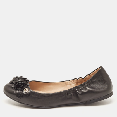 Pre-owned Tory Burch Black Leather Blossom Ballet Flats Size 39.5