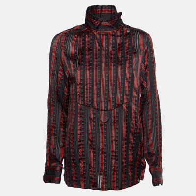 Pre-owned Chanel Black/red Star Striped Silk Pleated Sheer Shirt L