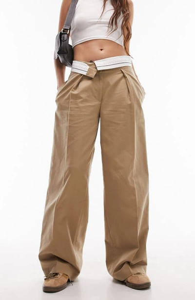 Topshop Linen Draw String Waist Straight Leg Trousers In Sand-neutral