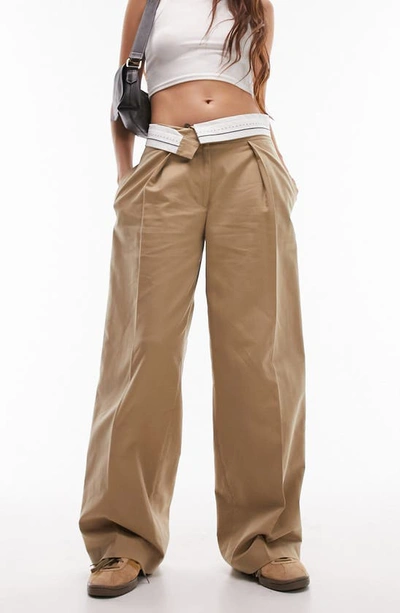 Topshop Fold-over Waistband Detail Pleated Straight Leg Pants In Camel-neutral