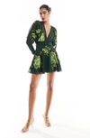 Asos Design Sequin Embroidered Semisheer Long Sleeve Minidress In Green
