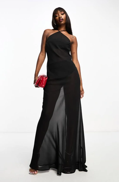 Asos Design Sheer Halter Bias Maxi Dress In Black