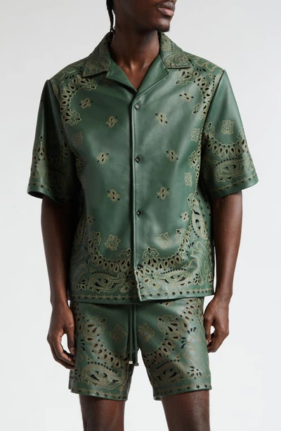 Amiri Men's Leather Laser-cut Bandana Camp Shirt In Rain Forest