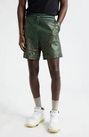 Amiri Bandana Leather Shorts In Rain Forest