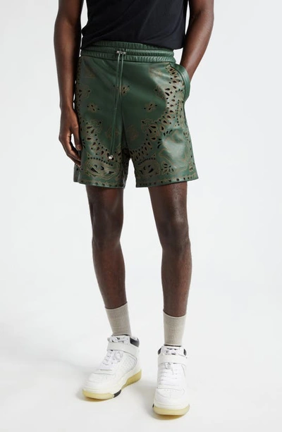 Amiri Bandana Leather Shorts In Rain Forest