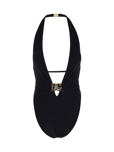 Dolce & Gabbana Belted Halterneck Swimsuit In Black