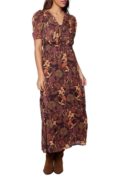 Lost + Wander Women's Printed Puff-sleeve Tie-neck Pleated Maxi Dress In Burgundy Print