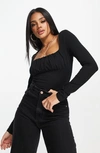 Asos Design Gathered Bust Detail Long Sleeve Top In Black In Black