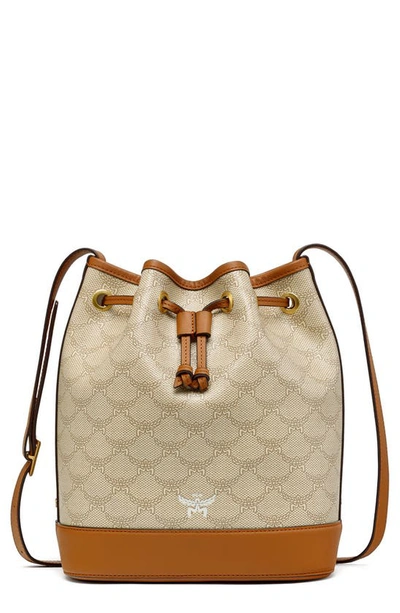 Mcm Lauretos Monogram Drawstring Bucket Bag In Beige