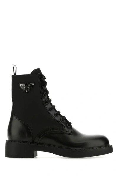 Prada Man Black Leather And Re-nylon Ankle Boots