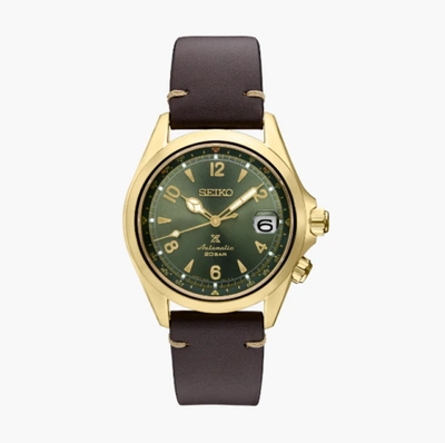 Pre-owned Seiko Spb210 Prospex Men's Green Dial 39.5mm Brown Leather Strap Watch