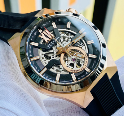 Pre-owned Bulova Maquina Automatic Sapphire Rose Gold Black Dial Silicone Watch 98a177