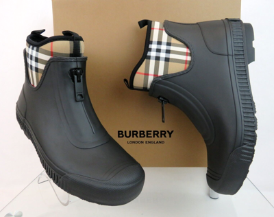 Pre-owned Burberry Flinton Black Rubber Beige Check Sock Logo Ankle Rain Boots Us 10 Eu 40