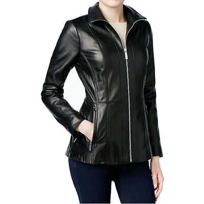 Pre-owned Michael Kors Women's Plus Size Scuba Leather Jacket In Black