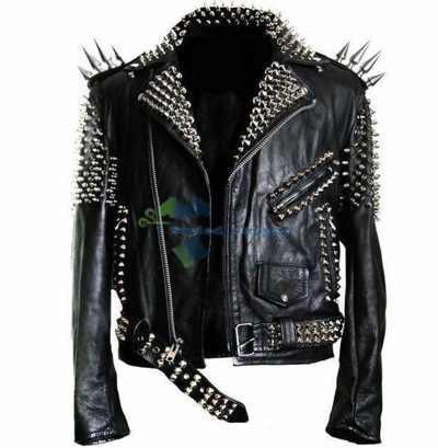 Pre-owned Handmade Men Black Studded And Long Spike Biker Leather Jacket, Giacca Da Uomo